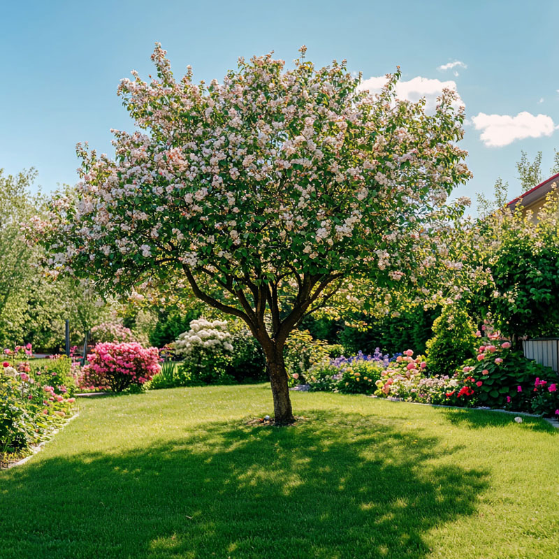 neatly-trimmed-hazelnut-tree-vibrant-garden